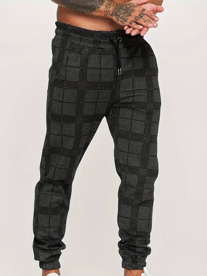 Men's grey checked texture joggers with elasticated waist and straight leg
