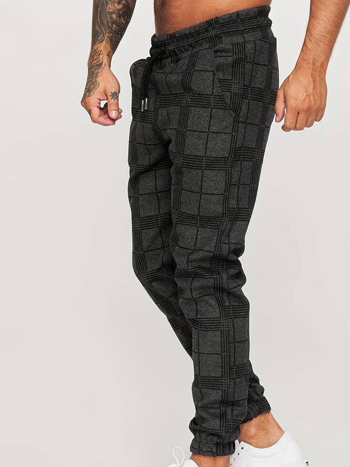 Men's grey checked texture joggers with elasticated waist and straight leg