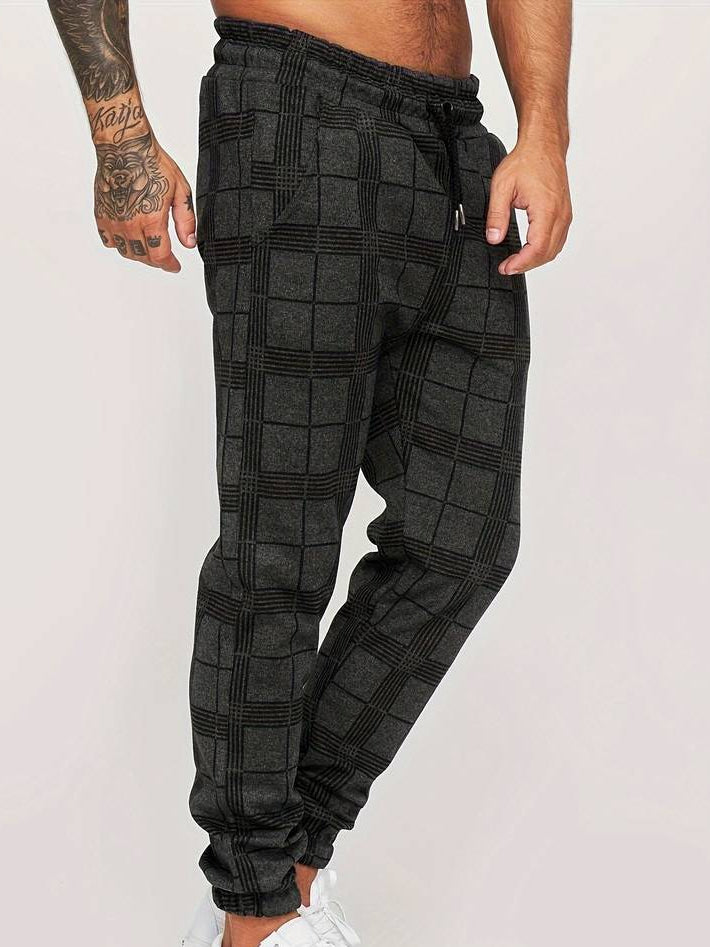 Men's grey checked texture joggers with elasticated waist and straight leg
