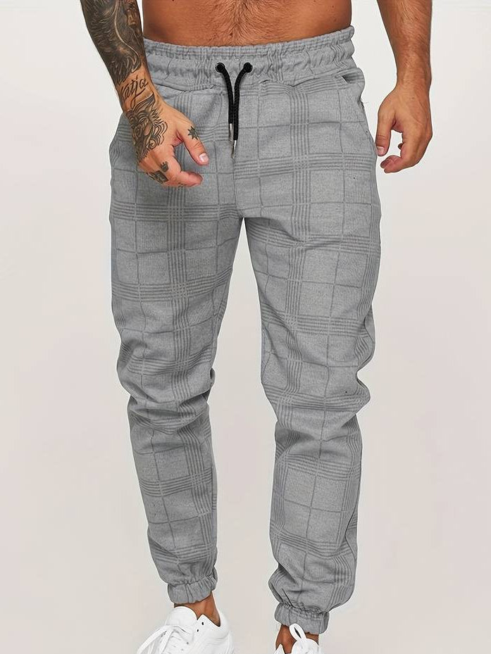 Men's grey checked texture joggers with elasticated waist and straight leg