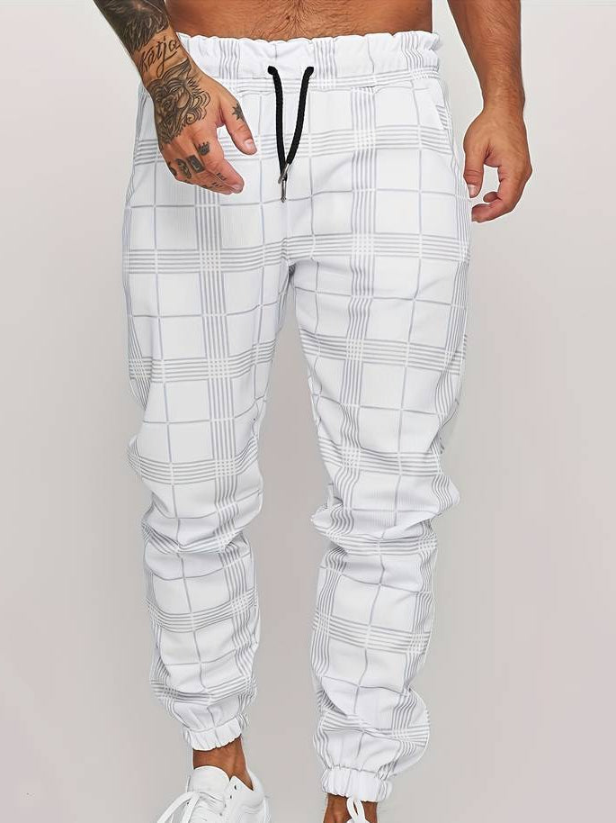 Men's grey checked texture joggers with elasticated waist and straight leg