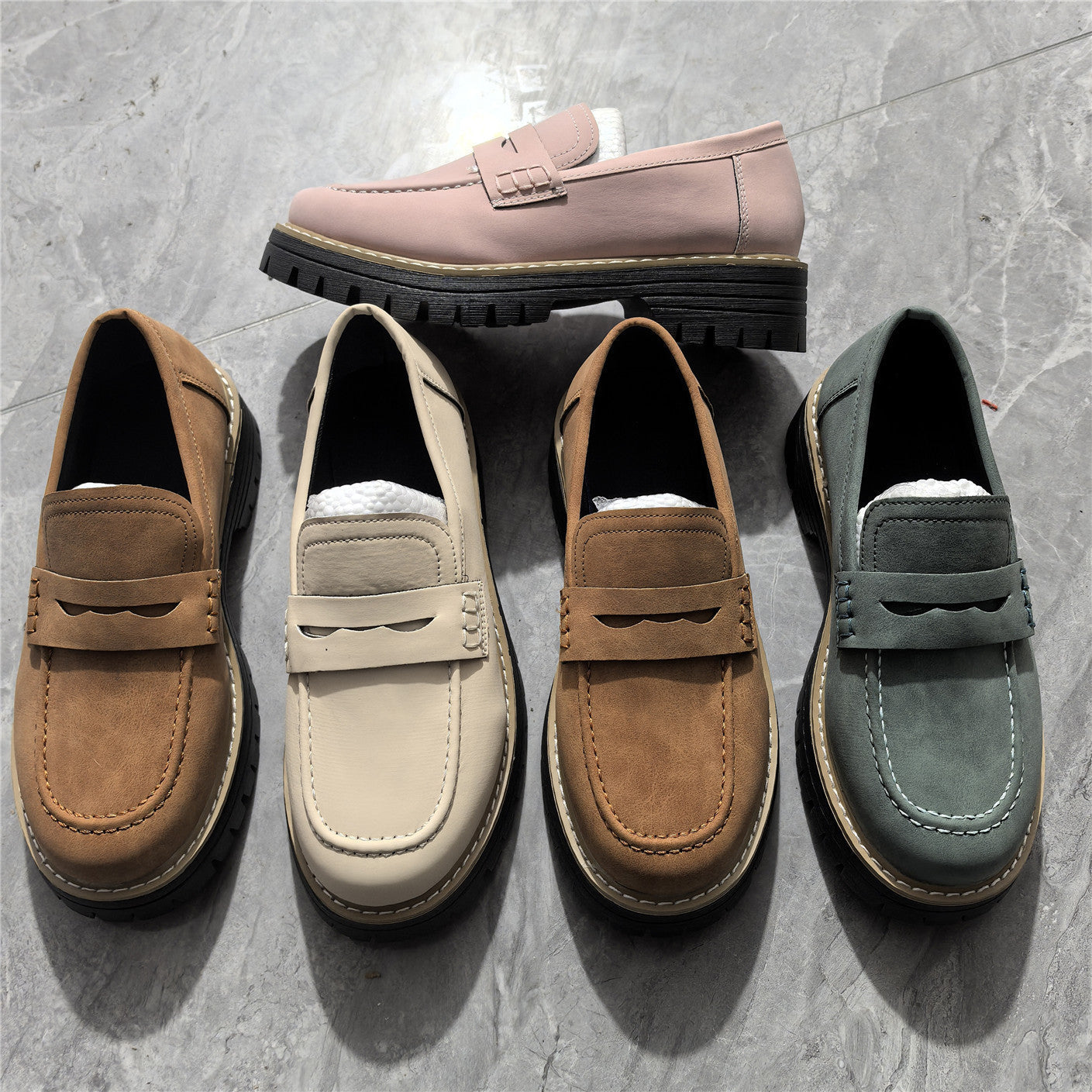 Teal chunky penny loafers with thick profiled sole and keeper strap