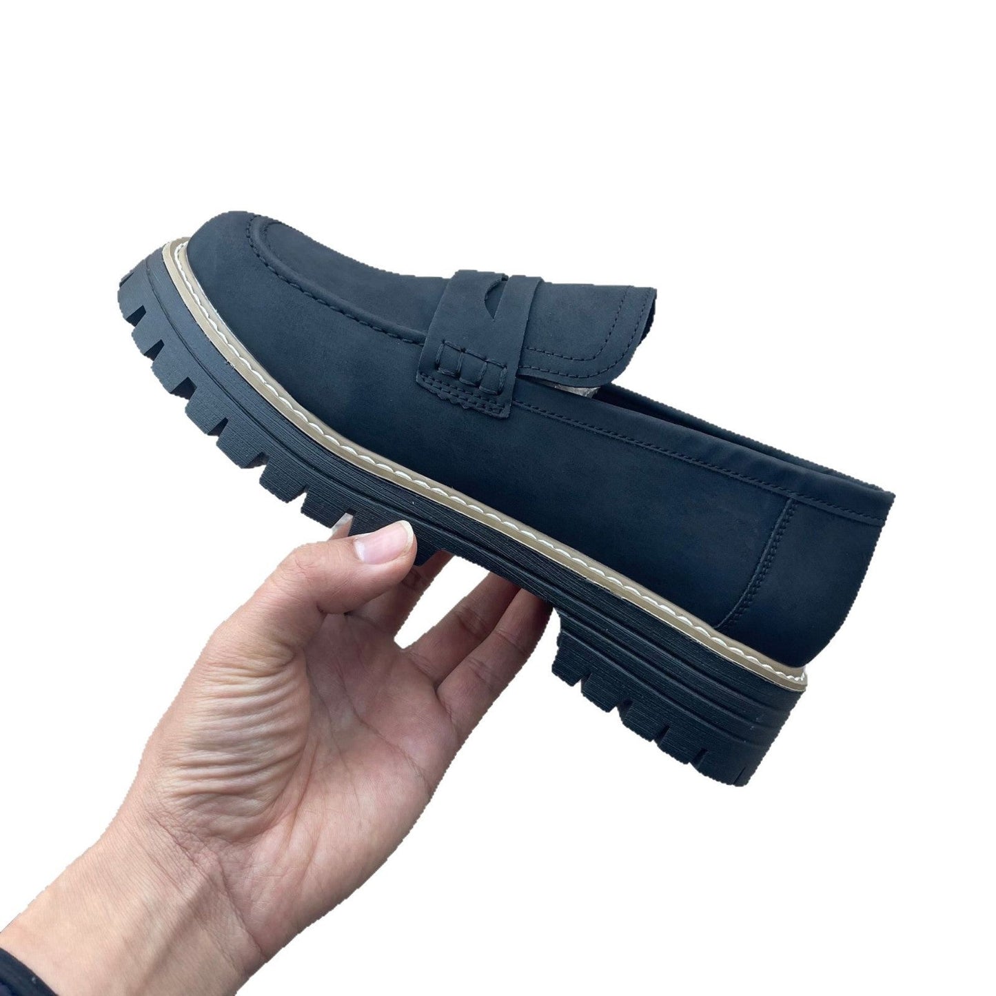 Teal chunky penny loafers with thick profiled sole and keeper strap