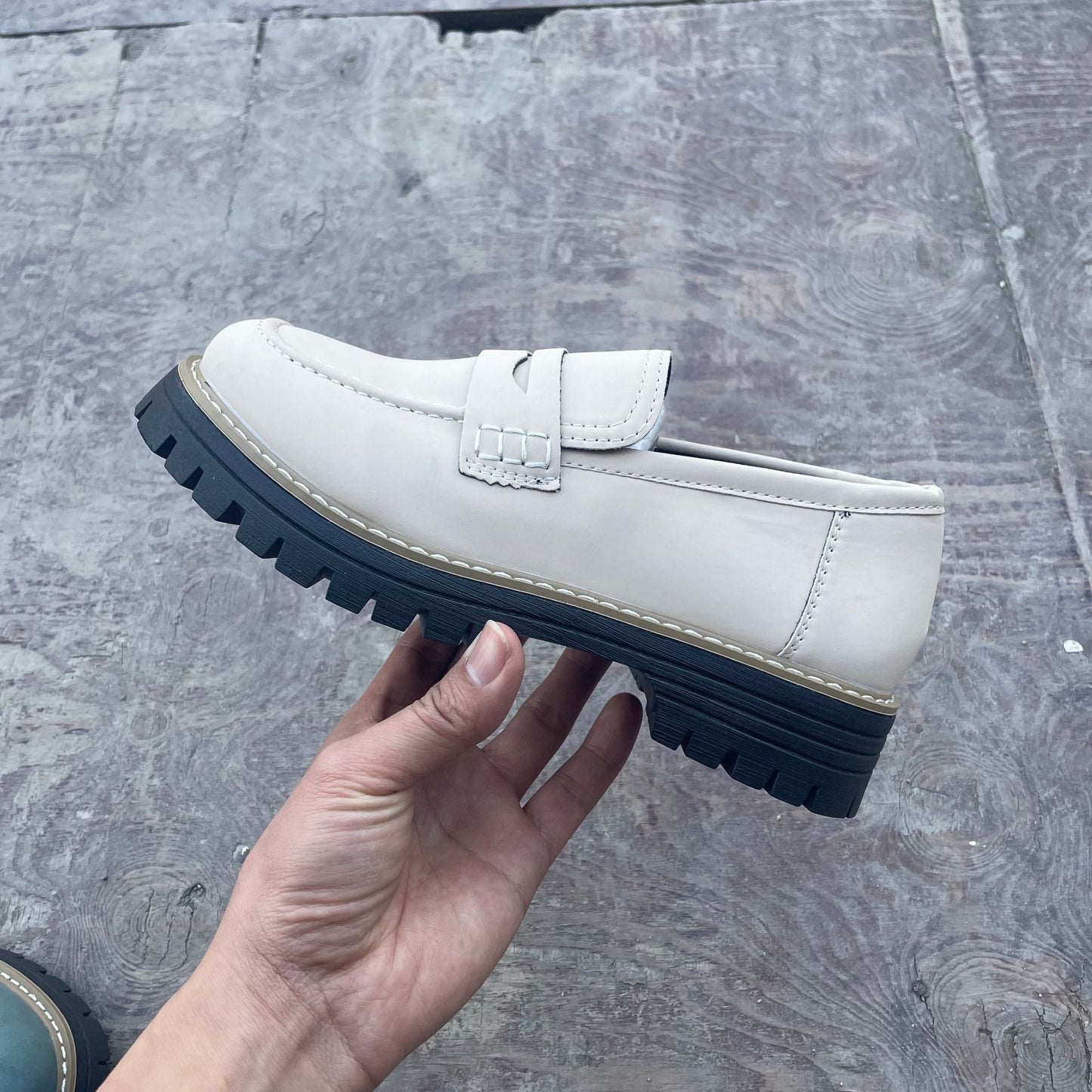 Teal chunky penny loafers with thick profiled sole and keeper strap