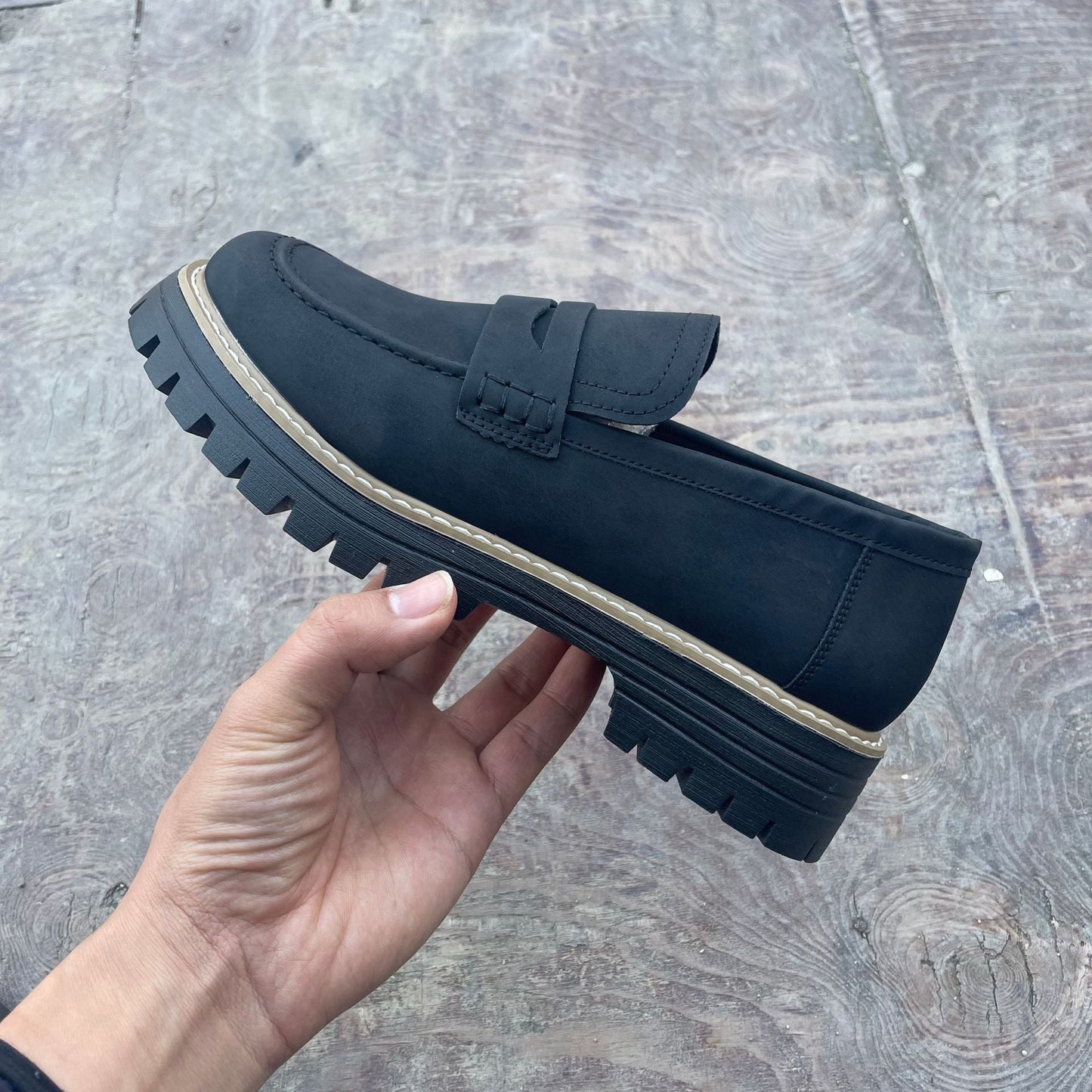 Teal chunky penny loafers with thick profiled sole and keeper strap