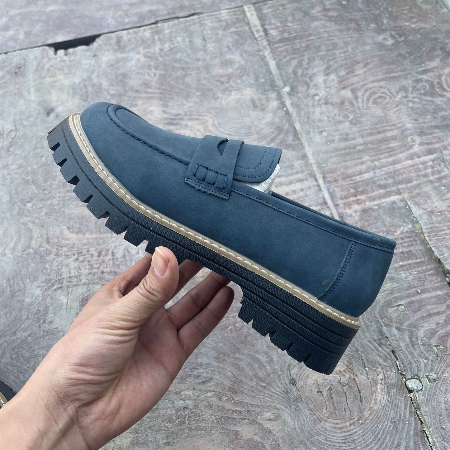 Teal chunky penny loafers with thick profiled sole and keeper strap