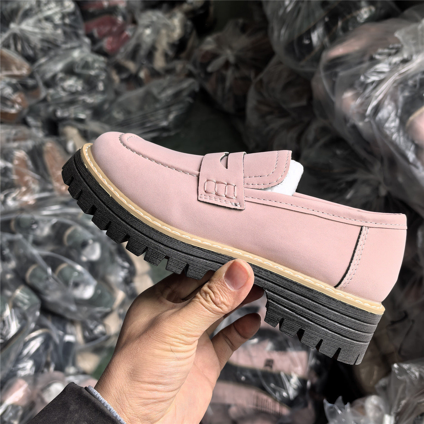 Teal chunky penny loafers with thick profiled sole and keeper strap