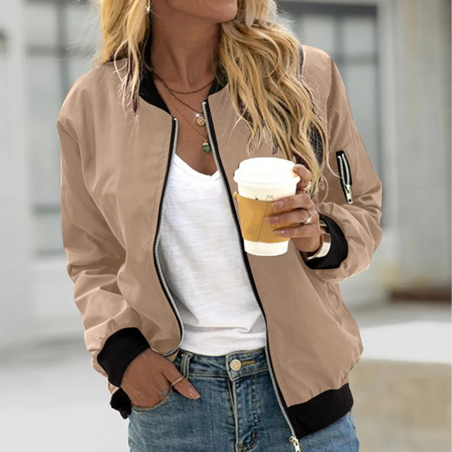 Burgundy classic bomber jacket with front zip, ribbed cuffs and side zip pockets