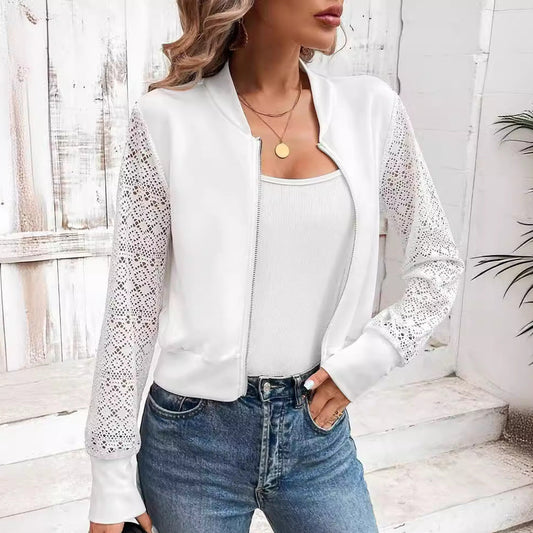 White bomber jacket with floral crochet lace sleeves, metal zip and stand up collar