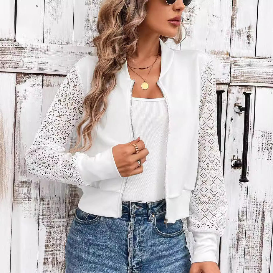 White bomber jacket with floral crochet lace sleeves, metal zip and stand up collar