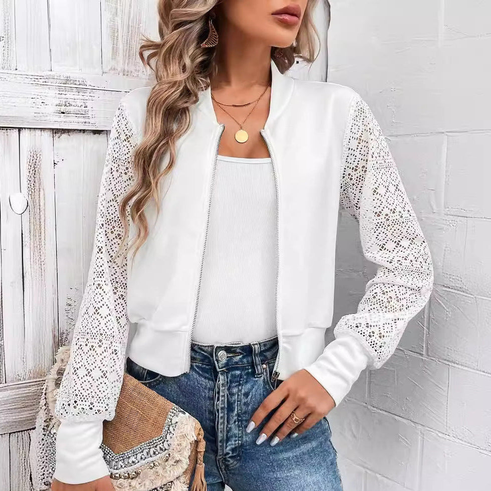 White bomber jacket with floral crochet lace sleeves, metal zip and stand up collar