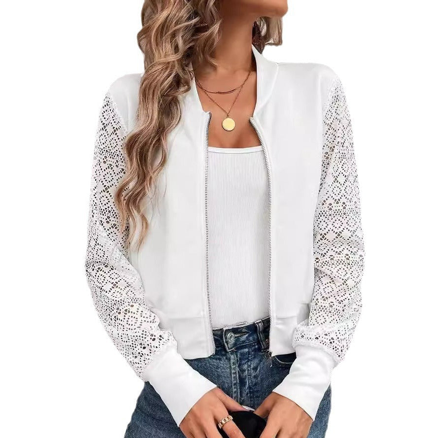 White bomber jacket with floral crochet lace sleeves, metal zip and stand up collar