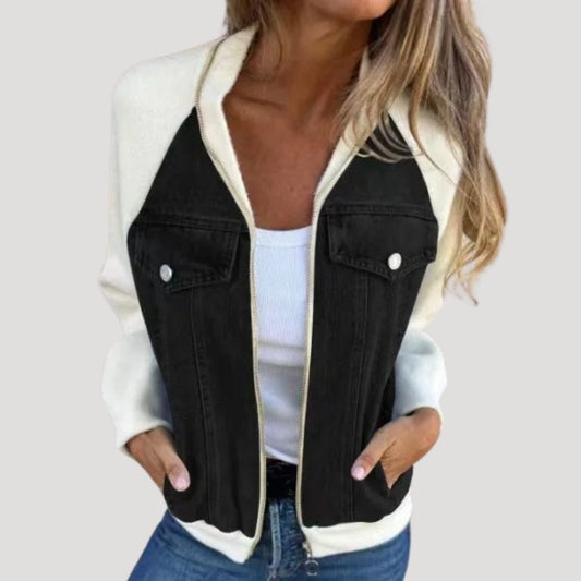 Blue denim bomber jacket with contrasting knit sleeves, chest pockets and front zip