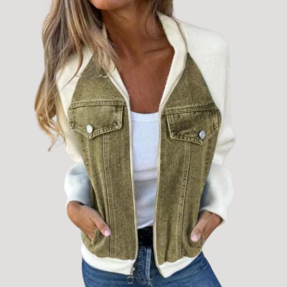 Blue denim bomber jacket with contrasting knit sleeves, chest pockets and front zip