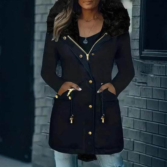 Black winter parka with a detachable faux fur collar and adjustable waist drawstring