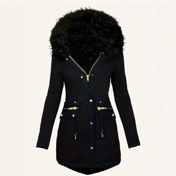 Black winter parka with a detachable faux fur collar and adjustable waist drawstring