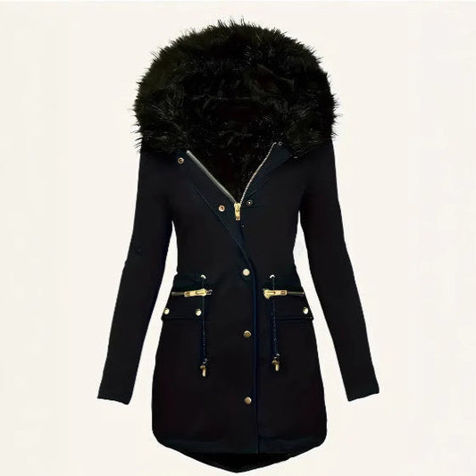Black winter parka with a detachable faux fur collar and adjustable waist drawstring