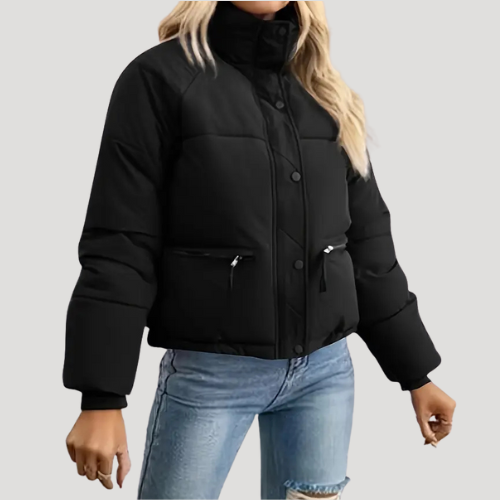Black diamond quilted bomber jacket with button placket, elastic cuffs and side pockets