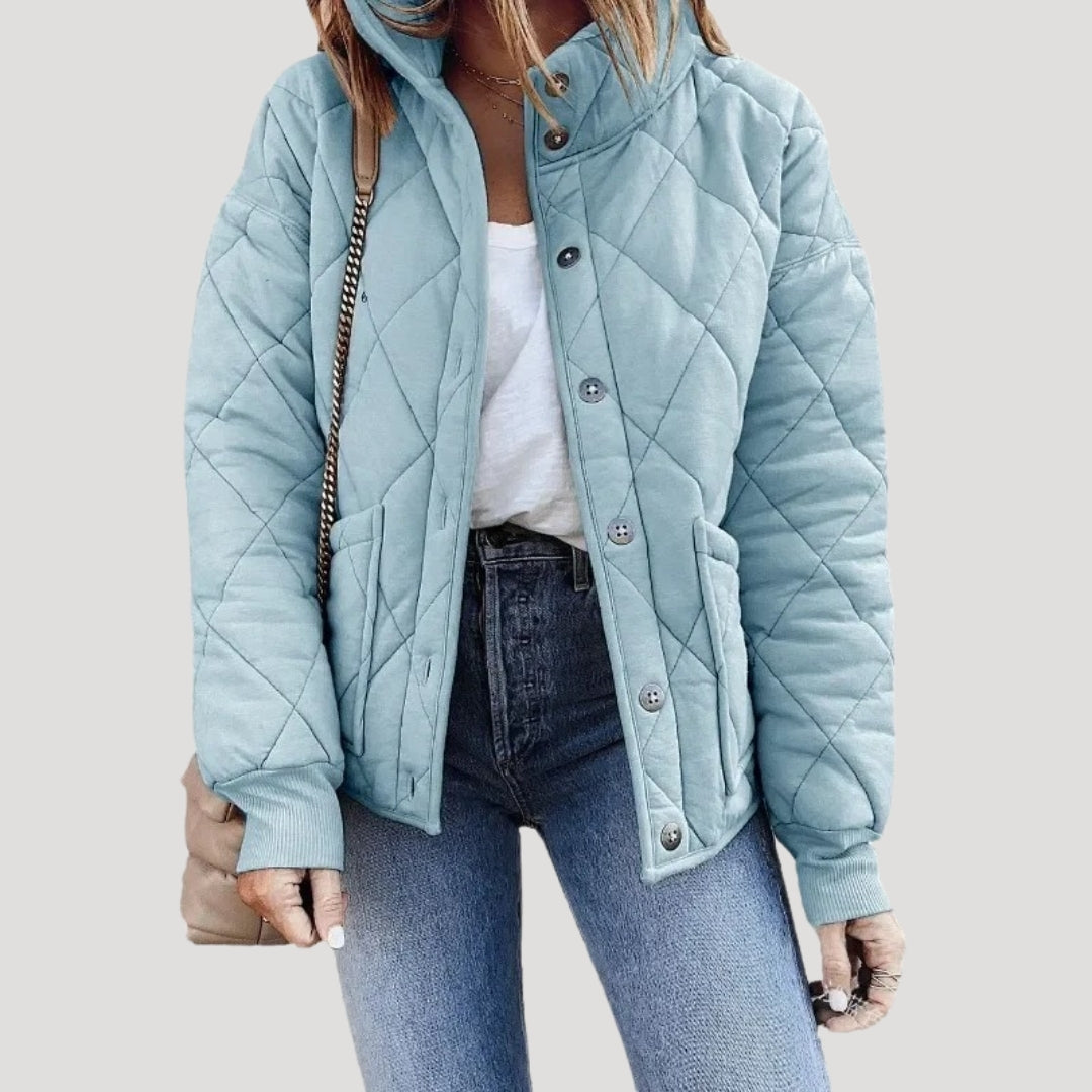 Black diamond quilted bomber jacket with button placket, elastic cuffs and side pockets