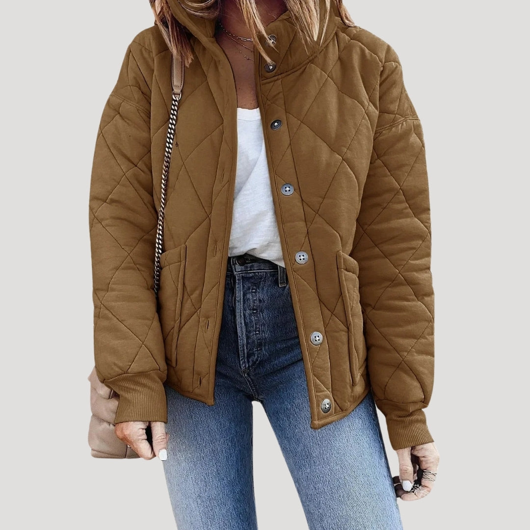 Black diamond quilted bomber jacket with button placket, elastic cuffs and side pockets