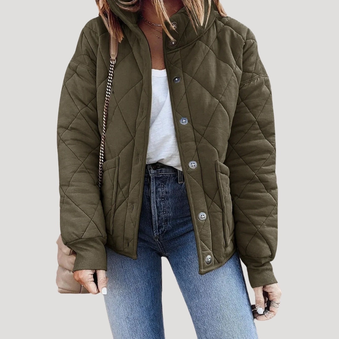 Black diamond quilted bomber jacket with button placket, elastic cuffs and side pockets