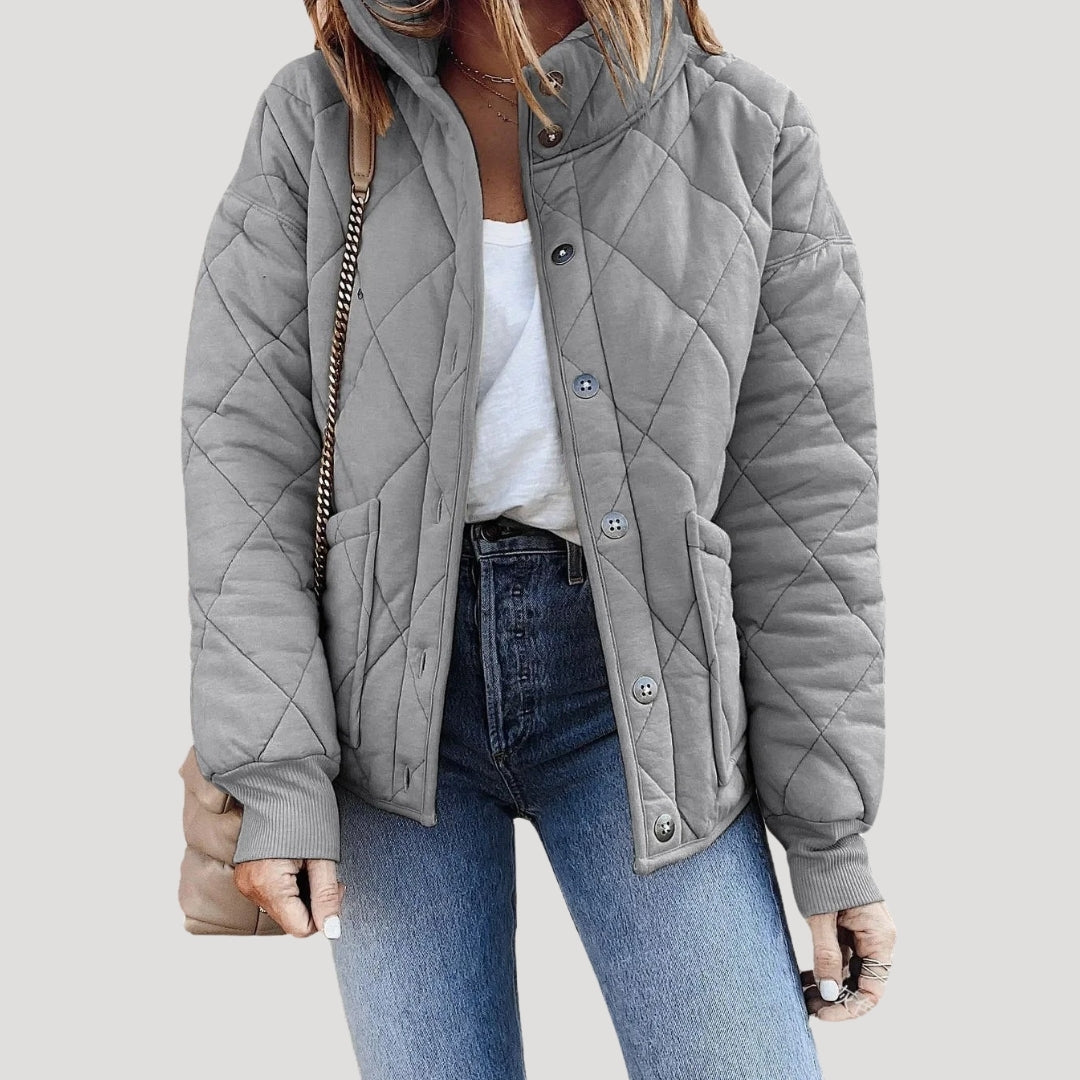Black diamond quilted bomber jacket with button placket, elastic cuffs and side pockets