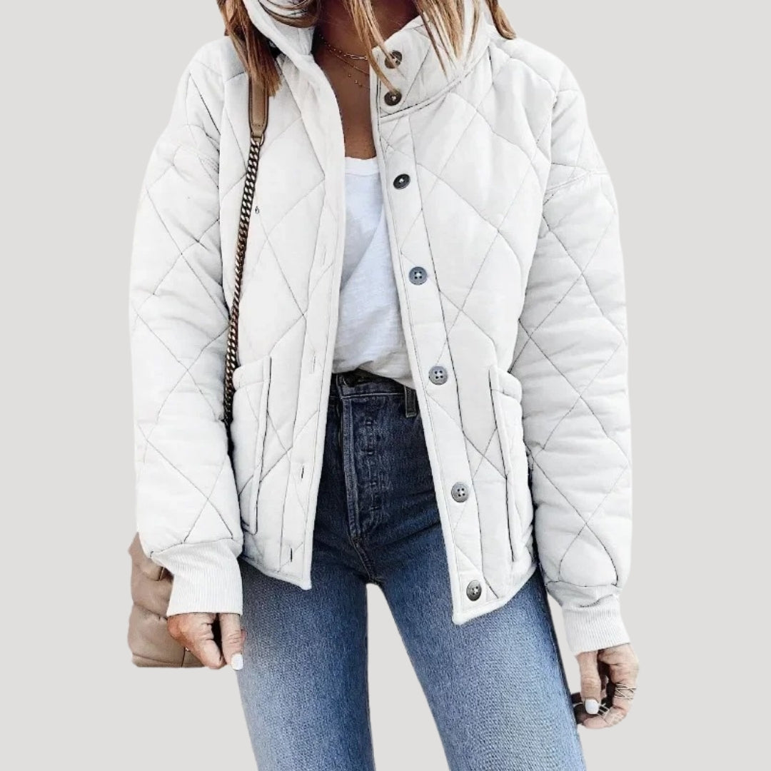 Black diamond quilted bomber jacket with button placket, elastic cuffs and side pockets