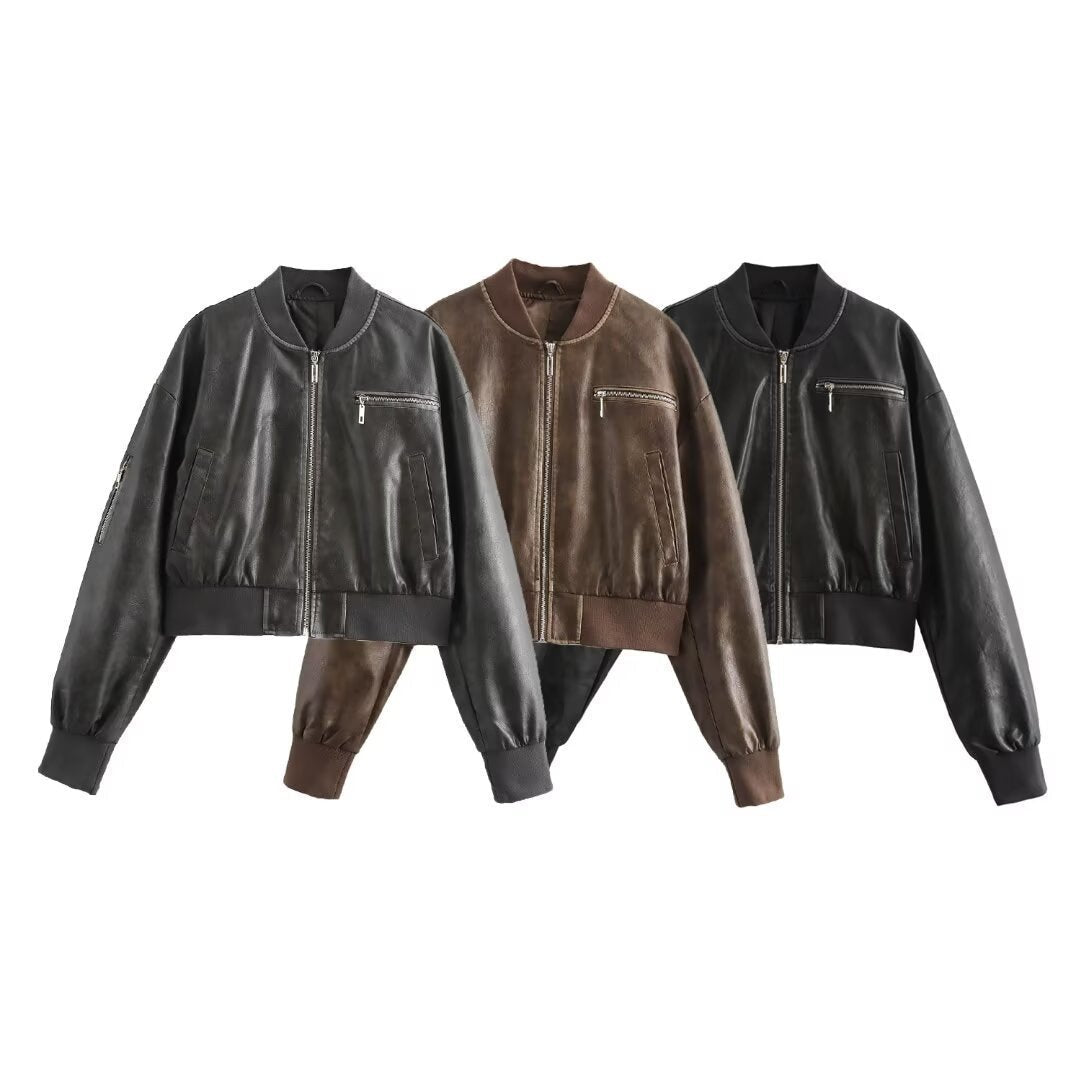 Black faux leather bomber jacket with elastic cuffs, side pockets and sleeve zip pocket