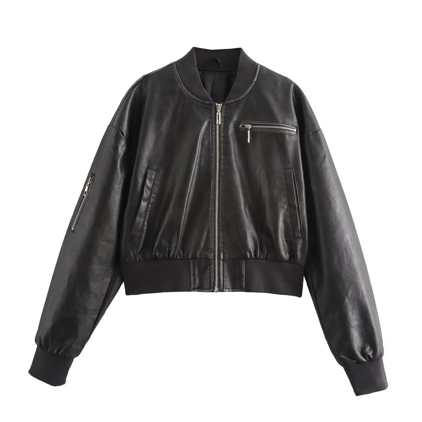 Black faux leather bomber jacket with elastic cuffs, side pockets and sleeve zip pocket