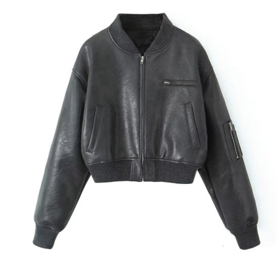 Black faux leather bomber jacket with elastic cuffs, side pockets and sleeve zip pocket