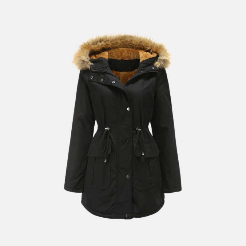 Red fleece lined winter parka with a faux fur hood and adjustable waist drawstring