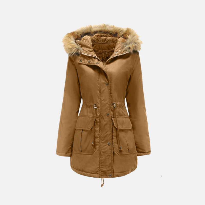Red fleece lined winter parka with a faux fur hood and adjustable waist drawstring