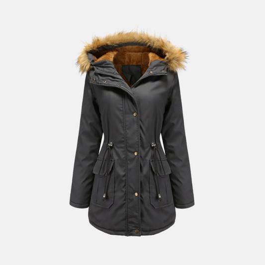 Red fleece lined winter parka with a faux fur hood and adjustable waist drawstring