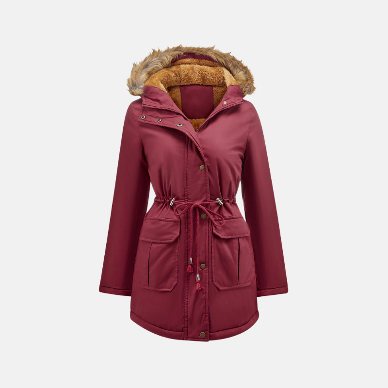 Red fleece lined winter parka with a faux fur hood and adjustable waist drawstring