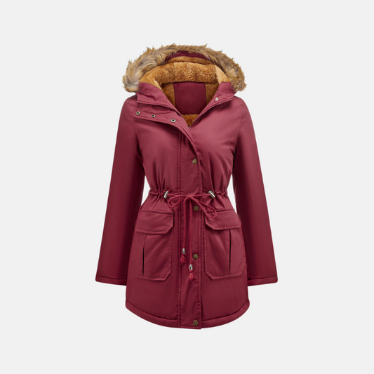 Red fleece lined winter parka with a faux fur hood and adjustable waist drawstring