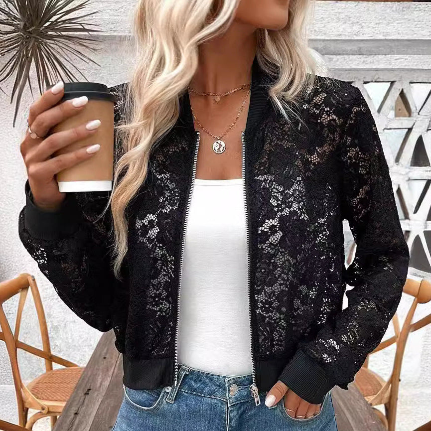 Black floral lace bomber jacket with full length zip and ribbed cuffs and hem