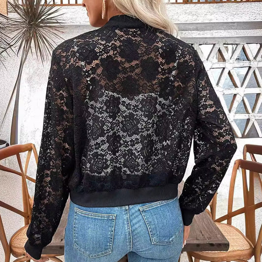 Black floral lace bomber jacket with full length zip and ribbed cuffs and hem