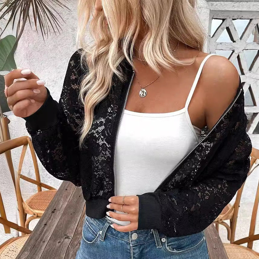 Black floral lace bomber jacket with full length zip and ribbed cuffs and hem
