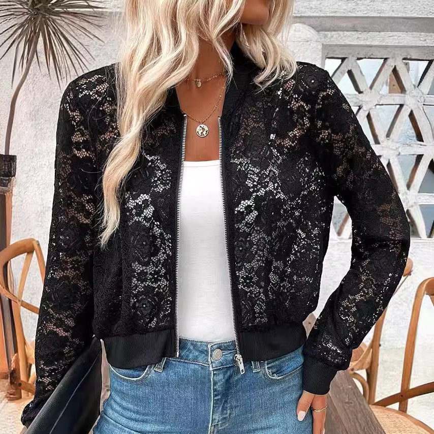Black floral lace bomber jacket with full length zip and ribbed cuffs and hem