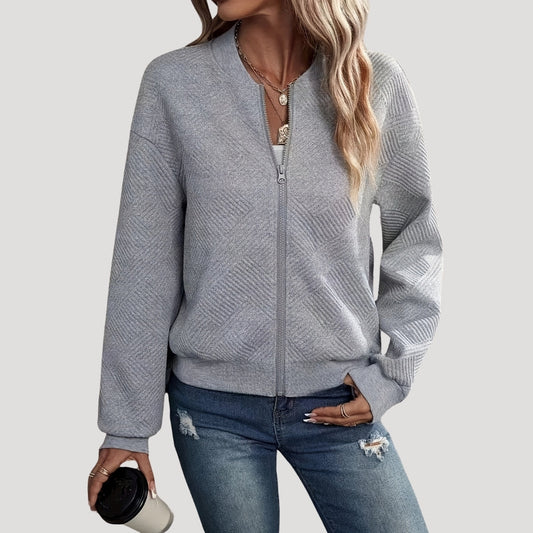 Grey lightweight bomber jacket with front zip, ribbed cuffs and relaxed loose fit