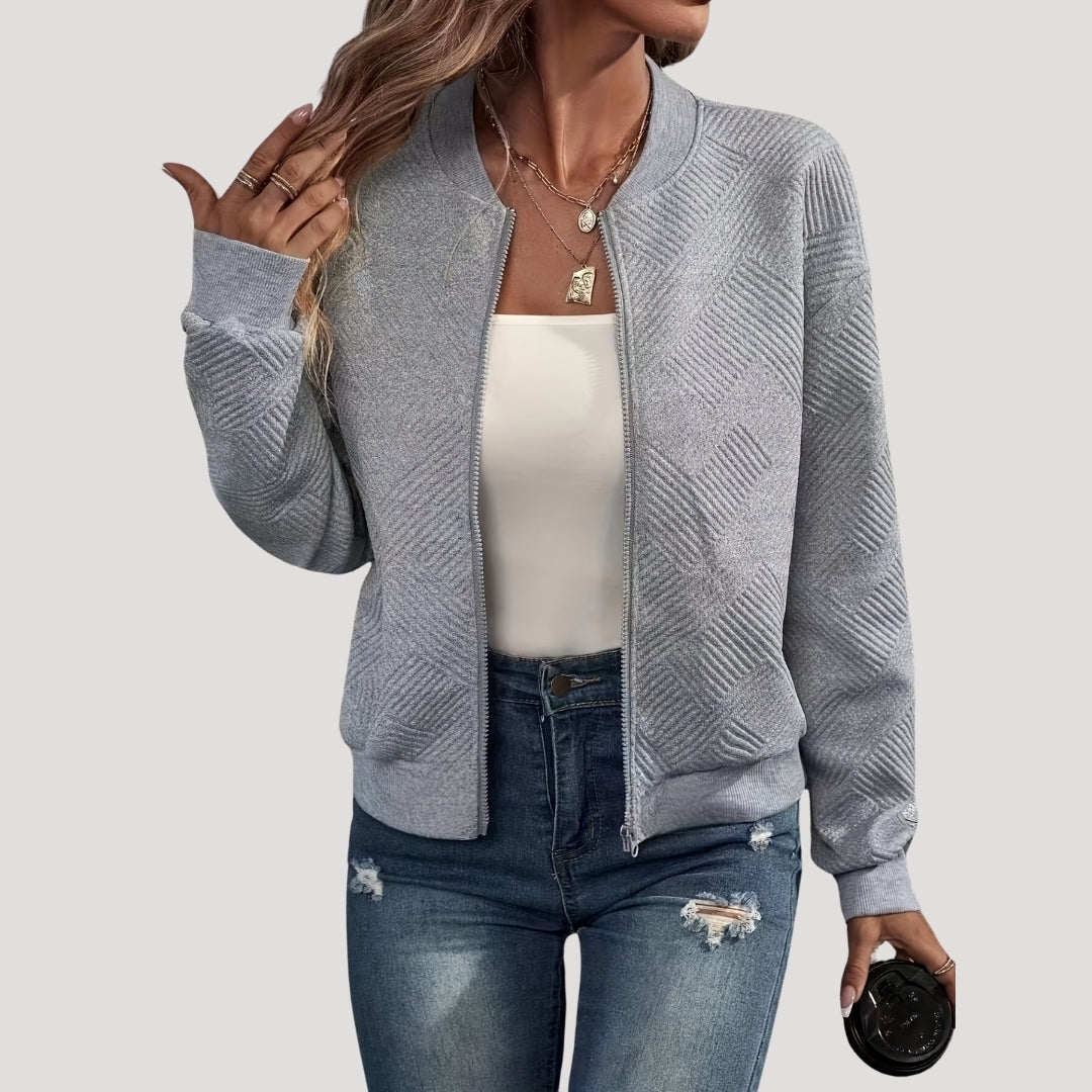 Grey lightweight bomber jacket with front zip, ribbed cuffs and relaxed loose fit