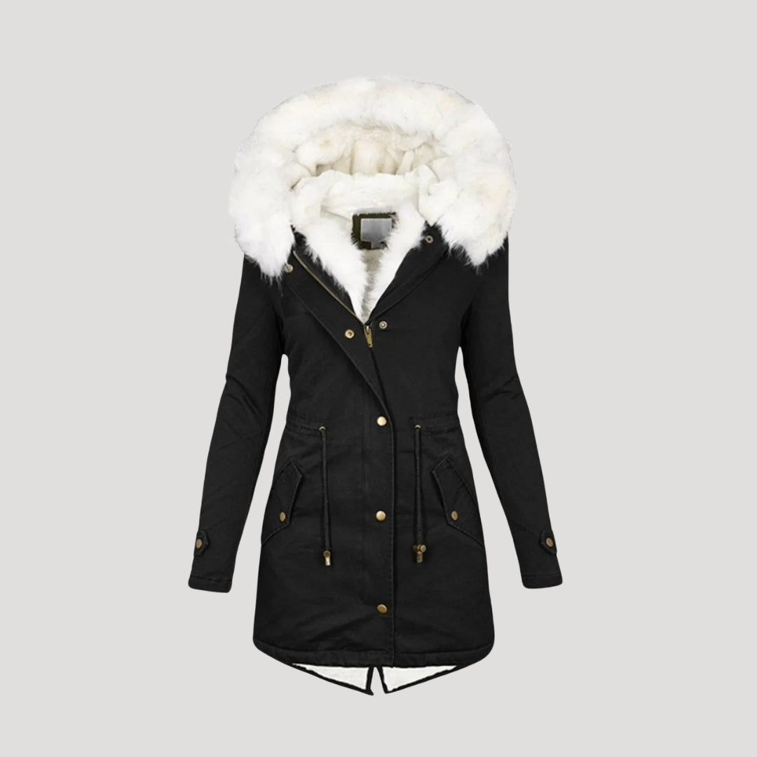 Navy long faux fur hooded parka with padded body and adjustable waist
