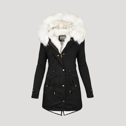 Navy long faux fur hooded parka with padded body and adjustable waist