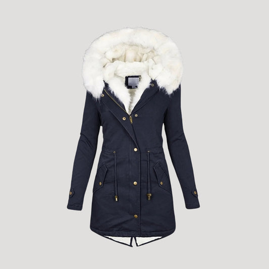 Navy long faux fur hooded parka with padded body and adjustable waist