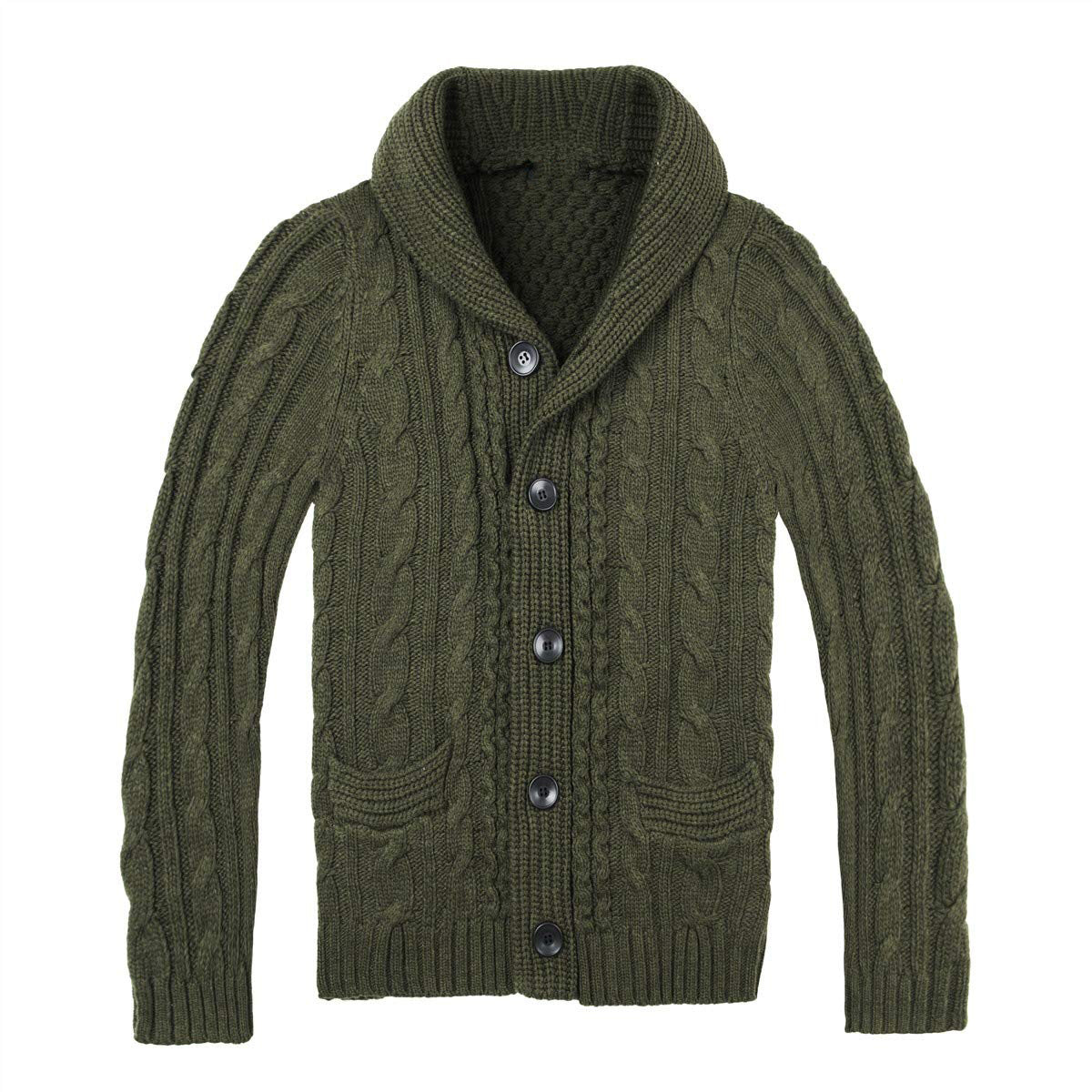 Men's Cable Knit Cardigan in Olive Green