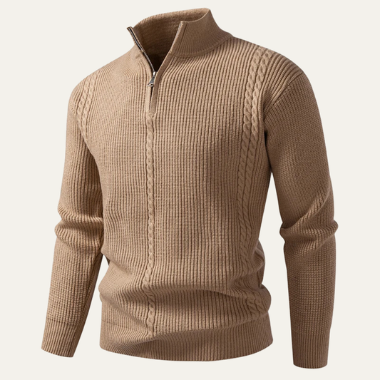 Men's Cable Knit Quarter Zip Sweater in Khaki