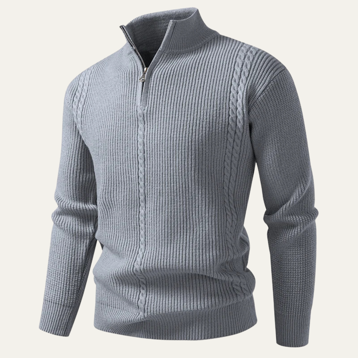 Men's Cable Knit Quarter Zip Sweater in Light Grey
