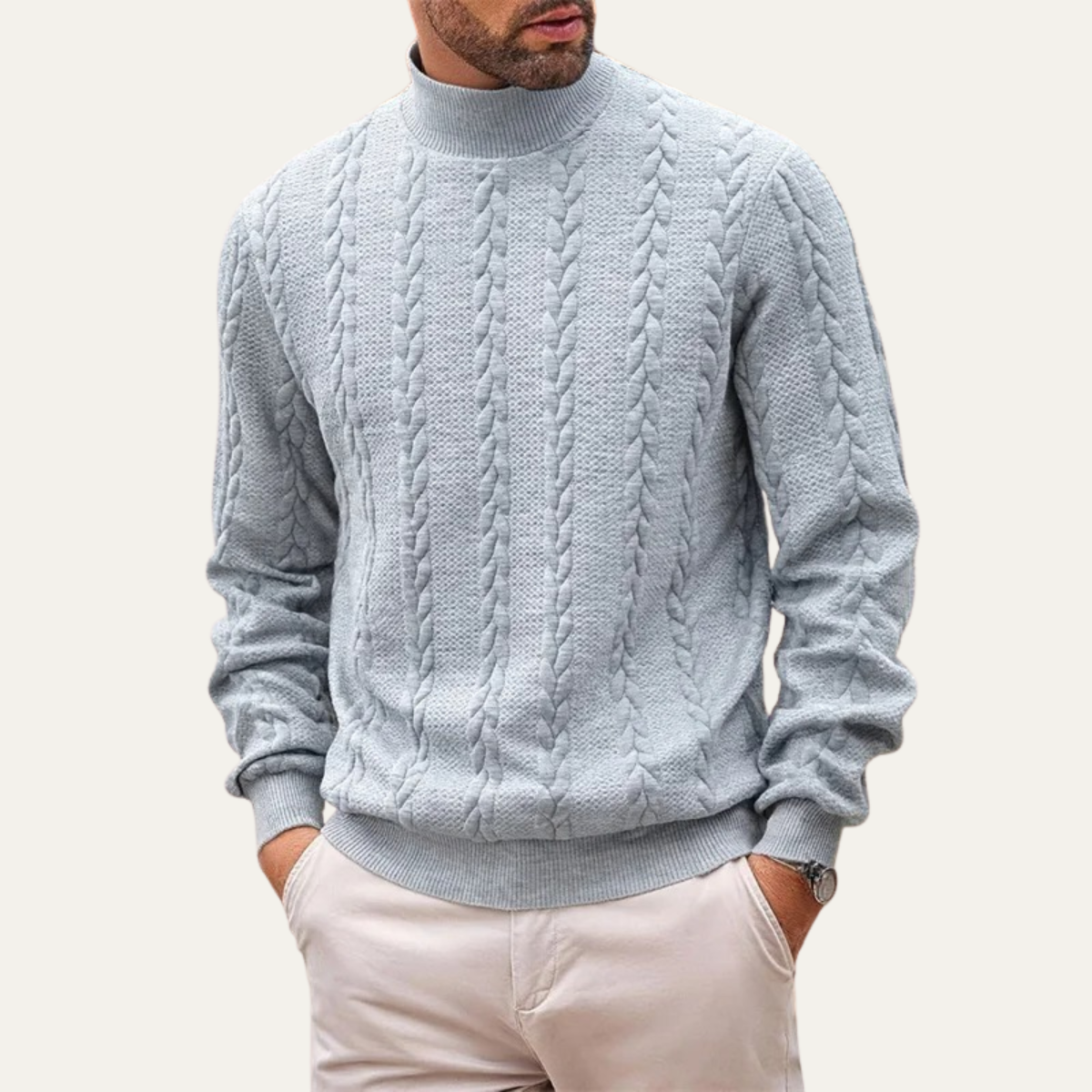 Men's Cable Knit Turtleneck Sweater in Light Grey