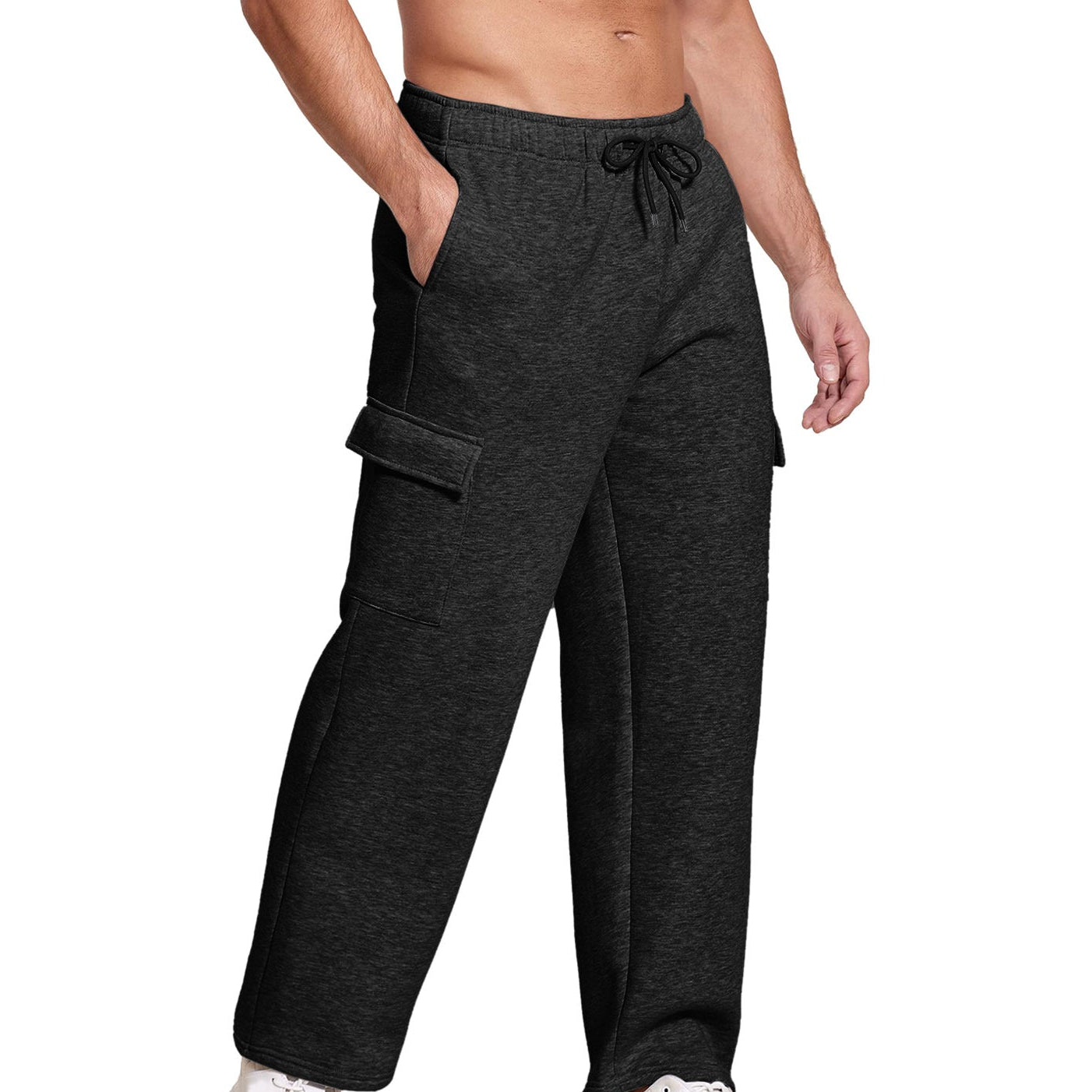 Men's cargo joggers in black with flap side pockets and a relaxed straight leg