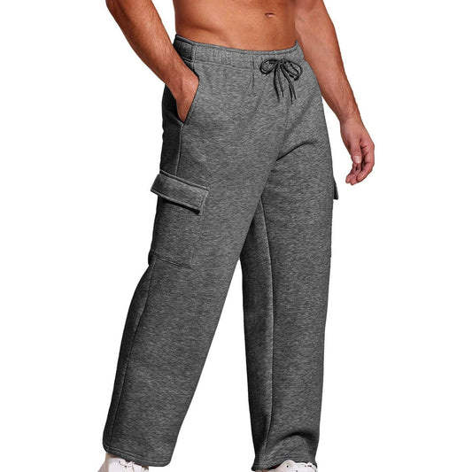 Men's cargo joggers in black with flap side pockets and a relaxed straight leg